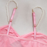 Sexy See-Through Mesh Pearl Strappy Pink Nightgown