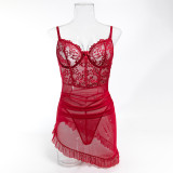 Lace Patchwork See-Through Mesh Sexy Strap Nightdress and G-String Set