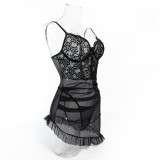 Lace Patchwork See-Through Mesh Sexy Strap Nightdress and G-String Set