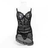 Lace Patchwork See-Through Mesh Sexy Strap Nightdress and G-String Set
