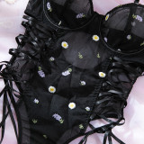 Sexy Strapless Daisy Embroidered Nightclub Bodysuit