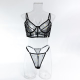 Fashion Black Daisy Embroidered Sexy See-Through Push-Up Lingerie Set