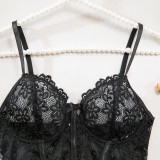 Lace Patchwork See-Through Mesh Sexy Strap Nightdress and G-String Set