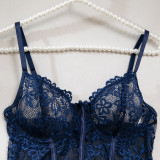 Lace Patchwork See-Through Mesh Sexy Strap Nightdress and G-String Set