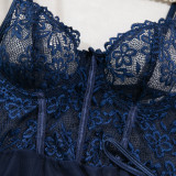 Lace Patchwork See-Through Mesh Sexy Strap Nightdress and G-String Set