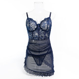Lace Patchwork See-Through Mesh Sexy Strap Nightdress and G-String Set