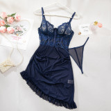 Lace Patchwork See-Through Mesh Sexy Strap Nightdress and G-String Set