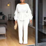 Winter Stretch Ruffle Drawstring Long Sleeve Slim Waist Top and Pants Two-Piece Set