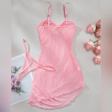 Sexy See-Through Mesh Pearl Strappy Pink Nightgown