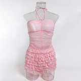 Pink Multi-Layer Cascading Ruffles Shorts and Halter Neck Lace-Up Tight Fitting See-Through Bodysuit Two-Piece Set