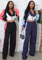 Women fashion colorblock Long Sleeve Top and Pant Two Piece Set
