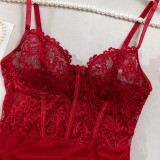 Lace Patchwork See-Through Mesh Sexy Strap Nightdress and G-String Set