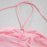 Pink Multi-Layer Cascading Ruffles Shorts and Halter Neck Lace-Up Tight Fitting See-Through Bodysuit Two-Piece Set