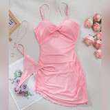 Sexy See-Through Mesh Pearl Strappy Pink Nightgown