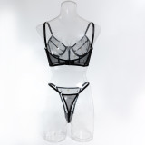 Fashion Black Daisy Embroidered Sexy See-Through Push-Up Lingerie Set