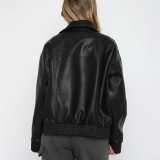 Women Fall/Winter Pu-Leather Long-Sleeve Zippered Sport Baseball Jacket