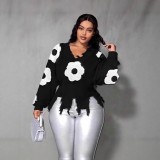 Women Cross Ripped Tassel Dark Long-Sleeved Pullover Knitting Sweater