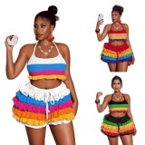 Women Multi-Color Striped Knitting Halter Neck Top and Ruffle Shorts Two-Piece Set