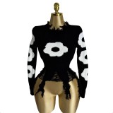 Women Cross Ripped Tassel Dark Long-Sleeved Pullover Knitting Sweater