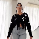 Women Cross Ripped Tassel Dark Long-Sleeved Pullover Knitting Sweater