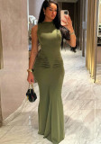 Women Summer Pleated Solid Short-Sleeve Dress