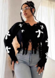 Women Cross Ripped Tassel Dark Long-Sleeved Pullover Knitting Sweater