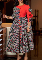 Women Elegant Round Neck 3/4 Sleeve Print Patchwork African Dress