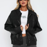 Women Fall/Winter Pu-Leather Long-Sleeve Zippered Sport Baseball Jacket