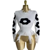 Women Cross Ripped Tassel Dark Long-Sleeved Pullover Knitting Sweater