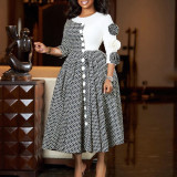 Women Elegant Round Neck 3/4 Sleeve Print Patchwork African Dress