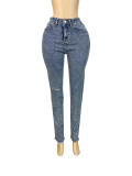 Women Beaded Pocket Ripped Denim Pants