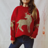 Christmas autumn and winter gold thread jacquard deer round-neck long-sleeved sweater