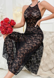 Women Sexy Lace Halter Neck Backless Slit Dress
