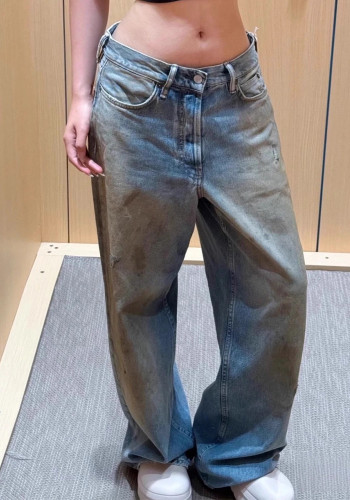 Women American Autumn Studded Patchwork Ink-Washed Denim Pant