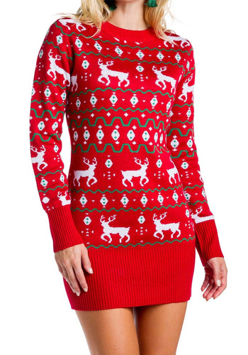 Women Christmas Autumn/Winter Jacquard Casual Sweater Dress