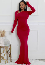 Women Solid Long-Sleeve Slash Shoulder Fishtail Bodycon Dress