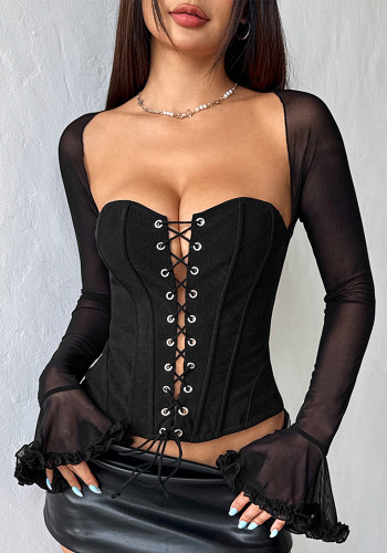 Women Fall American Mesh Patchwork Off-Shoulder Strapless Top