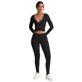 Women V-Neck Workout Autumn/Winter Long-Sleeved Crop Top