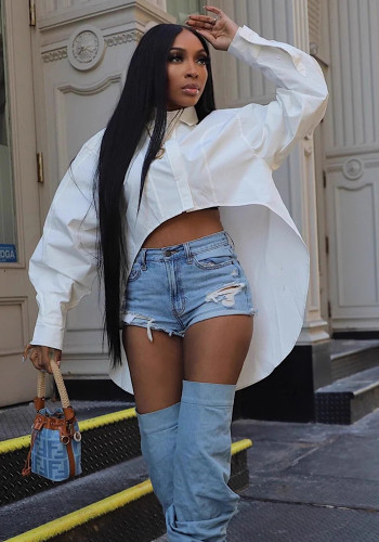 Women Autumn/Winter Collared Buttoned Lantern Sleeve Long-Sleeved Shirt