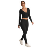 Women V-Neck Workout Autumn/Winter Long-Sleeved Crop Top