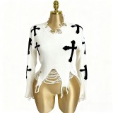 Women Cross Ripped Tassel Dark Long-Sleeved Pullover Knitting Sweater