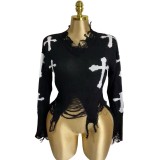 Women Cross Ripped Tassel Dark Long-Sleeved Pullover Knitting Sweater