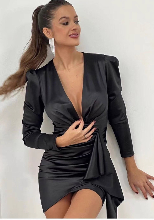 Women Pleated Puff Sleeve Long-Sleeved Sexy V-Neck Bodycon Dress