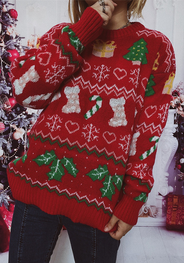 Christmas stocking snowflake knitting round-neck long-sleeved sweater
