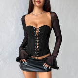 Women Fall American Mesh Patchwork Off-Shoulder Strapless Top