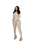 Women Autumn/Winter Ribbed Patchwork Casual Top and Pant Two-Piece Set