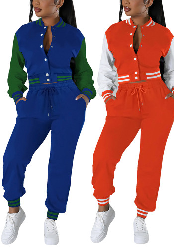 Women Colorblock Long-Sleeve Baseball Top and Pant Two-Piece Set