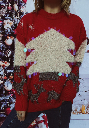 Christmas sequin flocked Christmas tree deer sweater