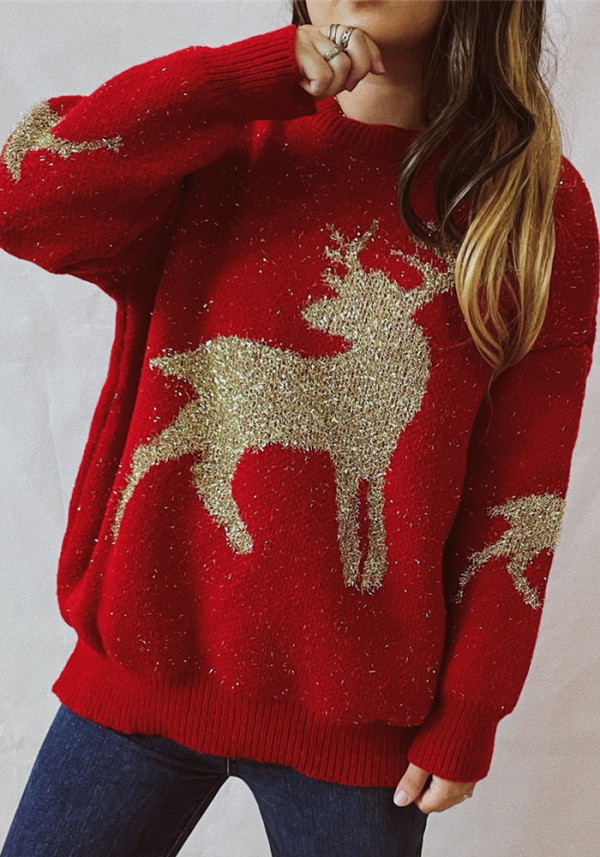 Christmas autumn and winter gold thread jacquard deer round-neck long-sleeved sweater