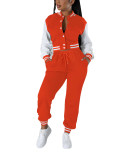 Women Colorblock Long-Sleeve Baseball Top and Pant Two-Piece Set